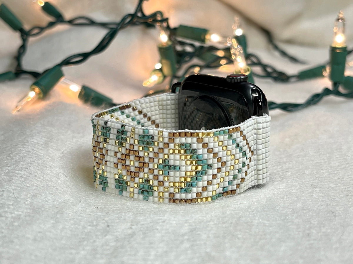 Ivory, Turquoise & Gold Seed Bead Apple Watch Band